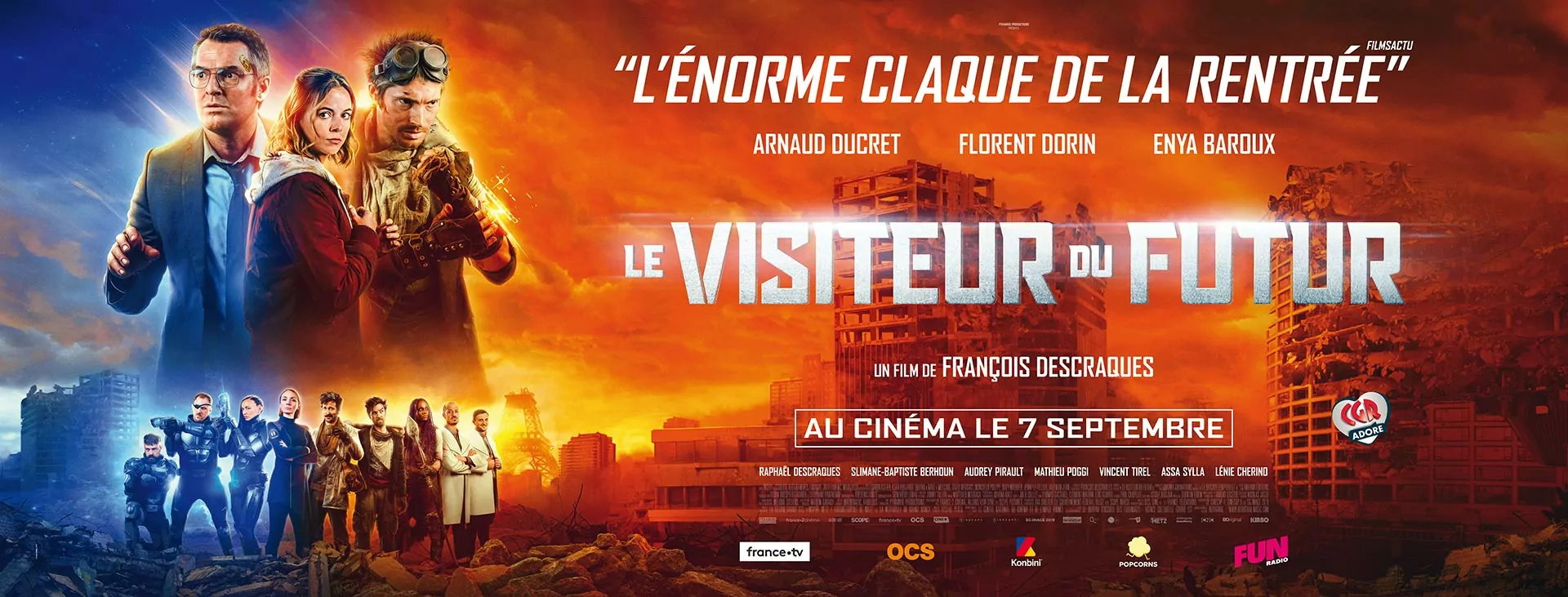 Le visiteur du futur, affiche cinéma, film distribué par KMBO - Création agence Les Aliens, Déclinaison VDF grand couloir 400x150