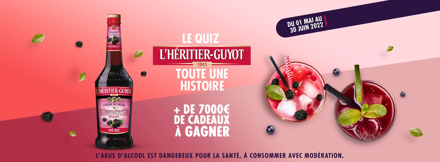 Jeu concours 2022 L'Héritier Guyot, une marque du groupe de spiritueux Bardinet. Conception et réalisation Agence communication Les Aliens - cover Facebook Quiz