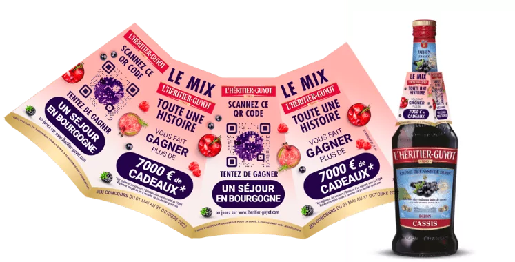 Jeu concours 2022 L'Héritier Guyot, une marque du groupe de spiritueux Bardinet. Conception et réalisation Agence communication Les Aliens - collerette et QR code