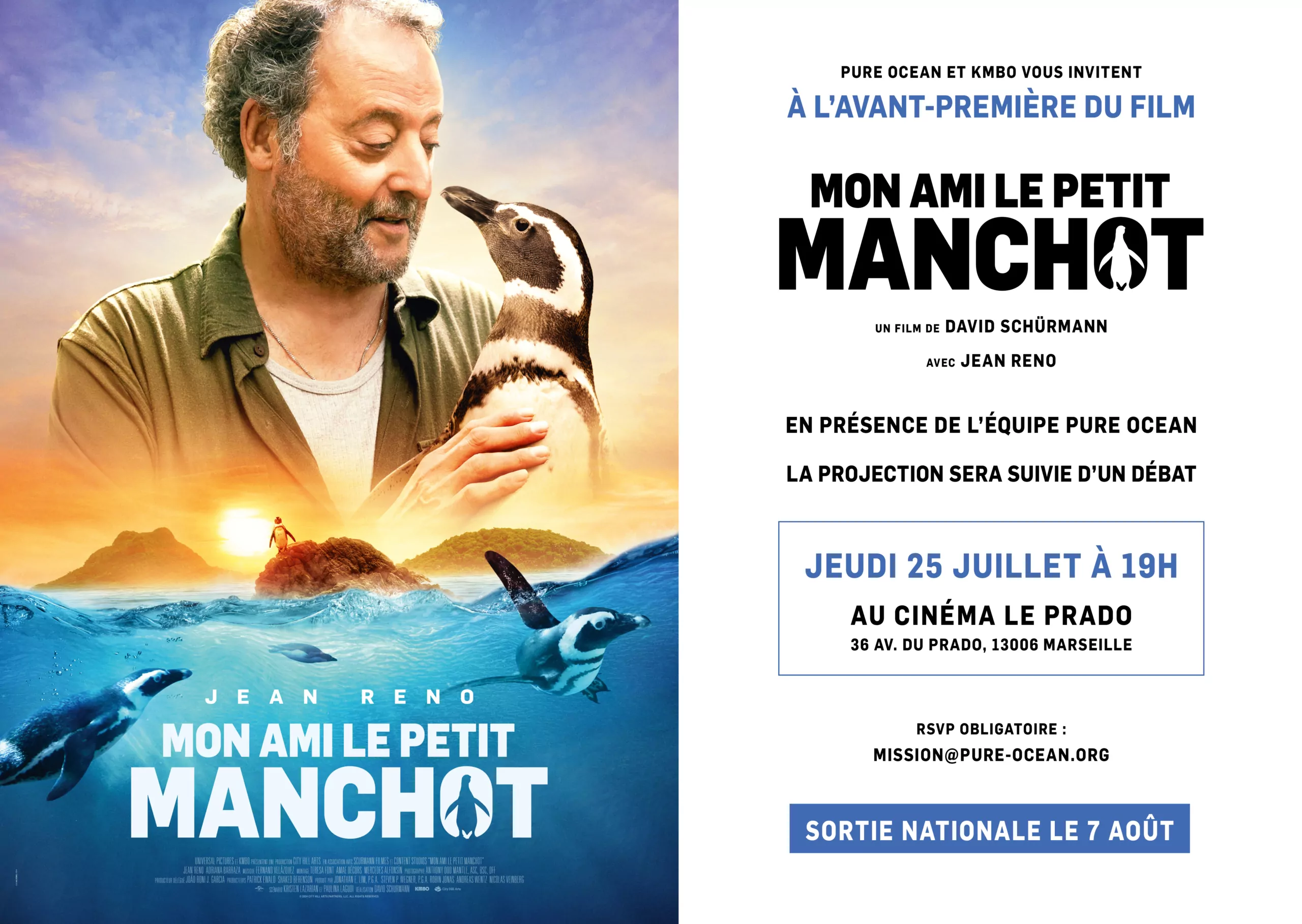 Invitation à la projection du film Mon ami le Petit Manchot. Un film du réalisateur David Schürmann avec Jean Reno, Adriana Barraza, Rocío Hernández. Distribué en France par KMBO en aoît 2024. Affiche créée par l'Agence Les Aliens.