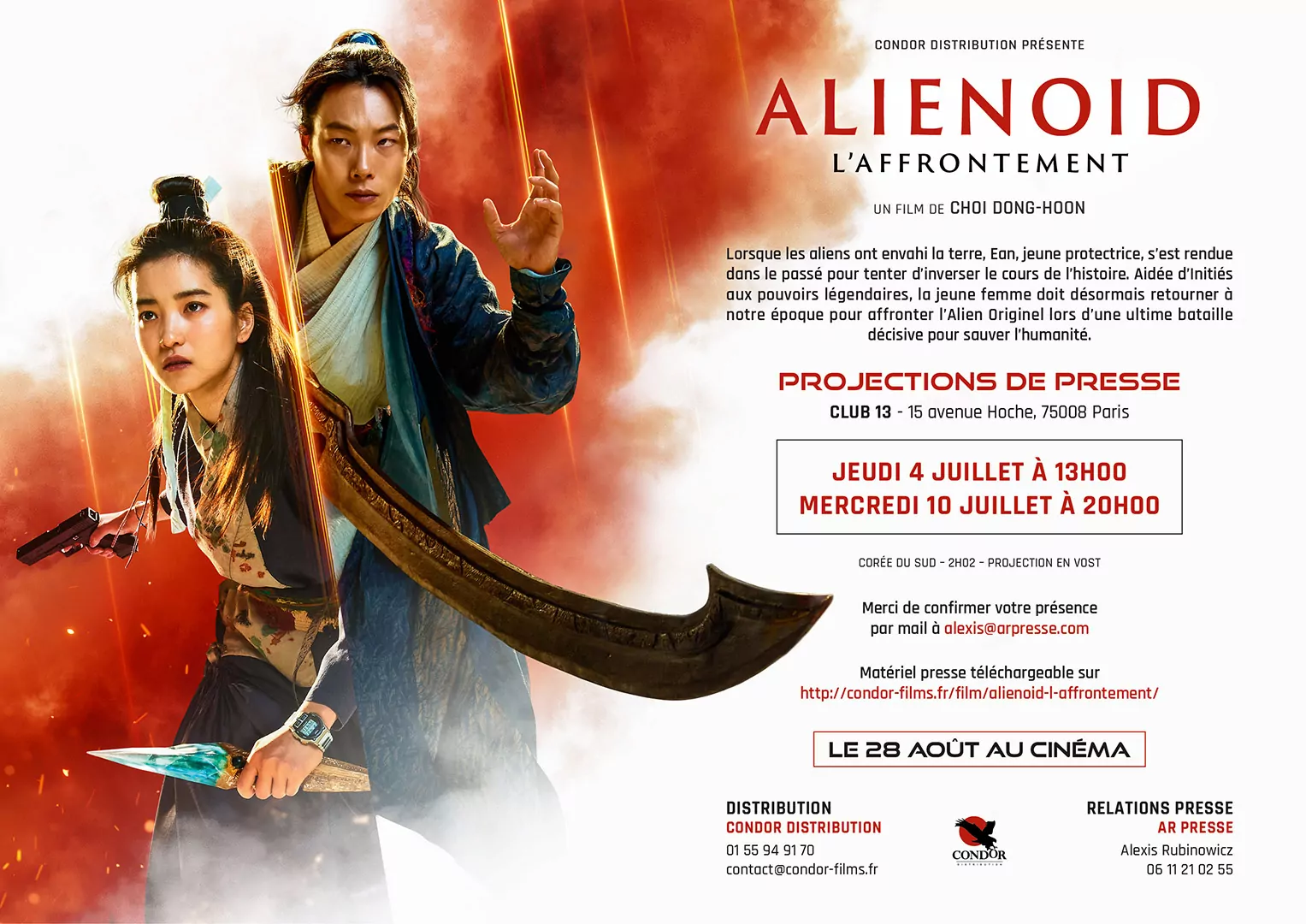 Invitation projection presse pour le film Alienoid 2 - l'Affrontement. Film de science-fiction coréen réalisé par Choi Dong-Hoon. Affiche créée pour la France par L'agence Les Aliens. L'agence a également décliné tous les visuels print et web de la campagne de communication. Distribution pour la France : Condor en août 2024.