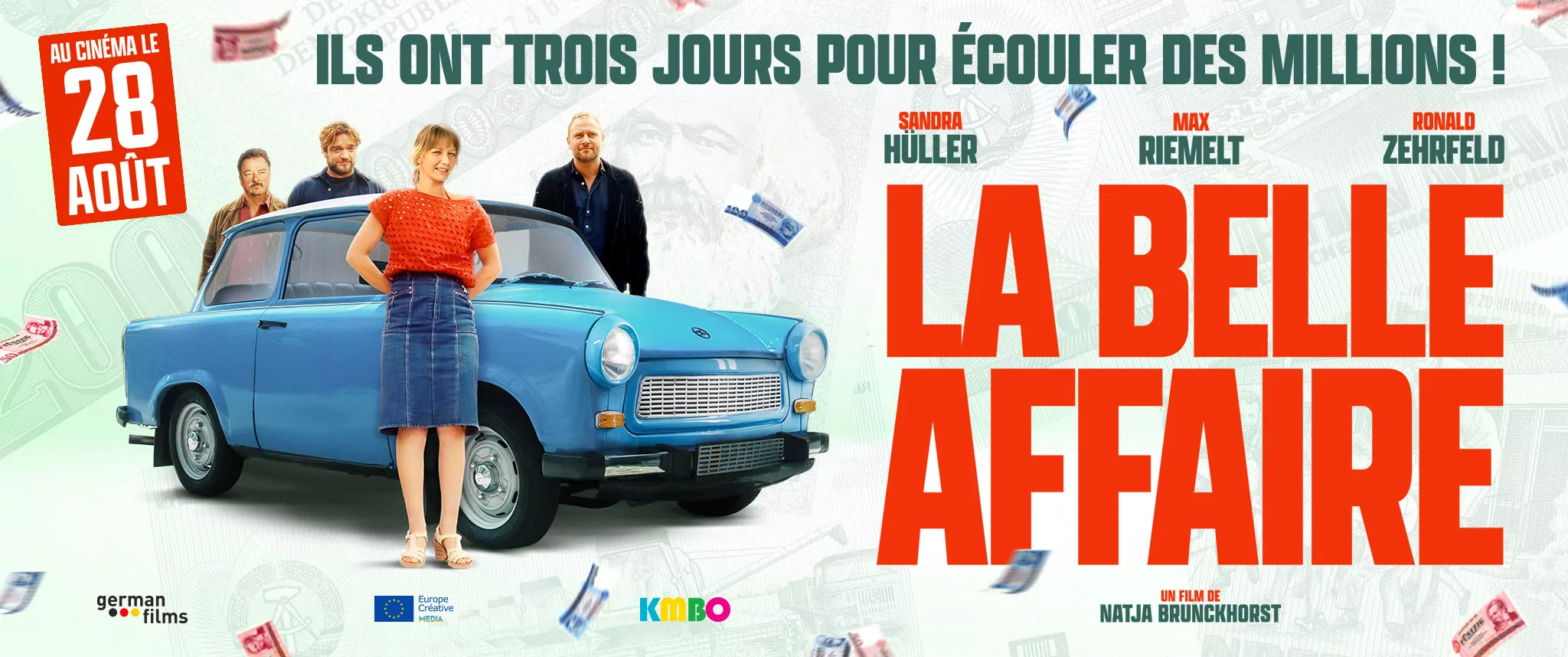 Affiche cinéma française du film La Belle affaire : déclinaison horizontale, format pour le web 2048x858 pixels.