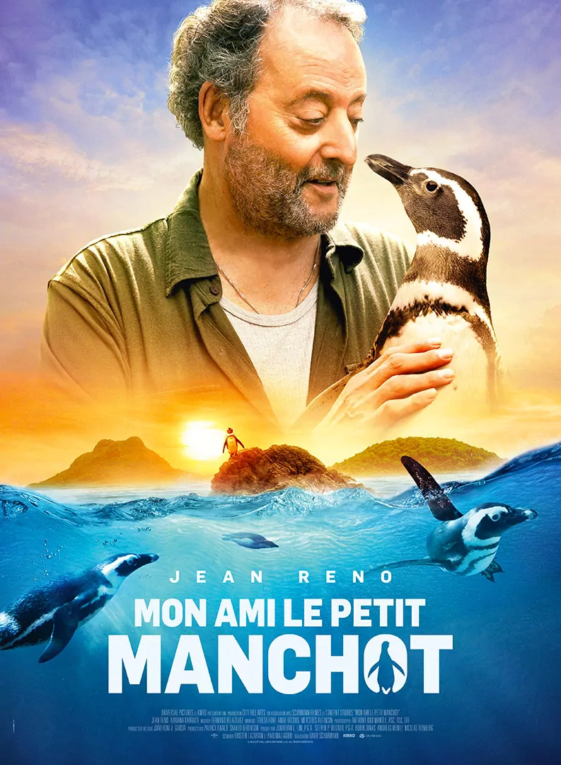 Affiche officielle française du film Mon ami le Petit Manchot. Un film du réalisateur David Schürmann avec Jean Reno, Adriana Barraza, Rocío Hernández. Distribué en France par KMBO en aoît 2024. Affiche créée par l'Agence Les Aliens.