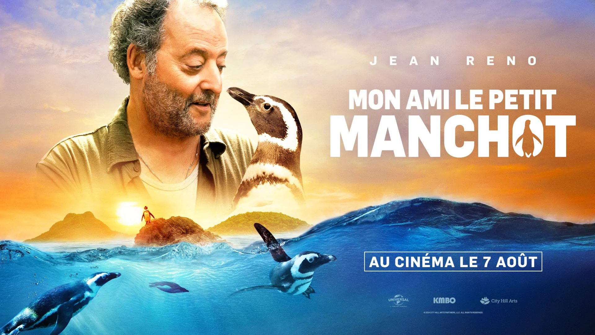 Affiche du film Mon ami le petit manchot, décliné au format horizontal écran hall paysage. Affiche originale française créée par l'Agence Les Aliens - Un film du réalisateur David Schürmann avec Jean Reno, Adriana Barraza, Rocío Hernández. Distribué en France par KMBO en août 2024.