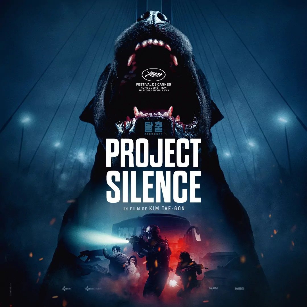 Création de l'affiche cinéma du film Project Silence par l'agence LES ALIENS. Un thriller sud-coréen de KIM Tae Gon. Distribution KMBO en août 2024. Vignette carré réseaux sociaux sans date.